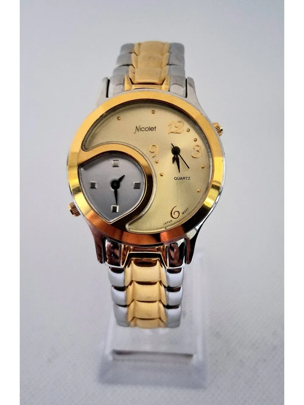 RARE Vintage Nicolet NC1070 Two Tone Dual Time Quartz Men's Swiss Watch